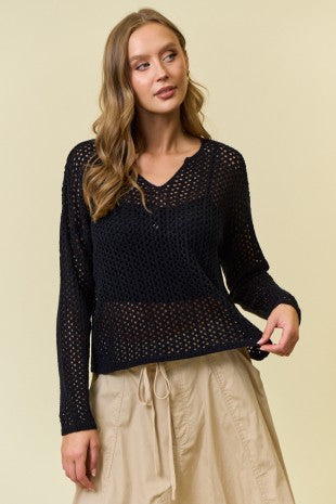 V-Neck Long Sleeve Lightweight Knit Top