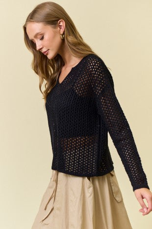V-Neck Long Sleeve Lightweight Knit Top