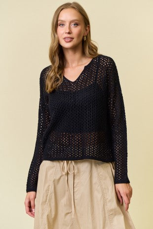 V-Neck Long Sleeve Lightweight Knit Top
