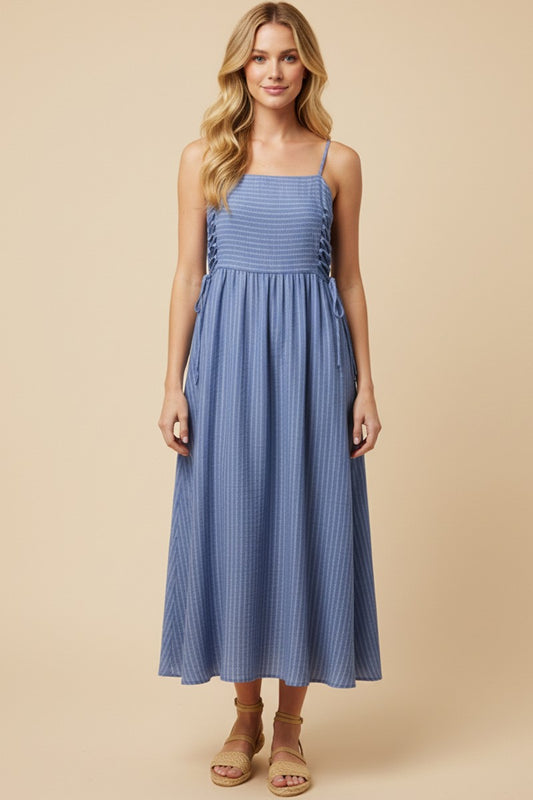Lace Up Sides Striped Midi Dress (Small - Large)