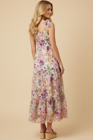 Soft Floral Print Shoulder Tie Maxi Dress