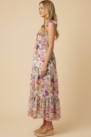 Soft Floral Print Shoulder Tie Maxi Dress