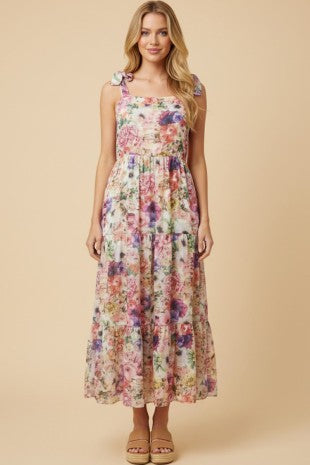 Soft Floral Print Shoulder Tie Maxi Dress