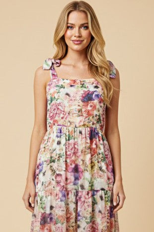Soft Floral Print Shoulder Tie Maxi Dress