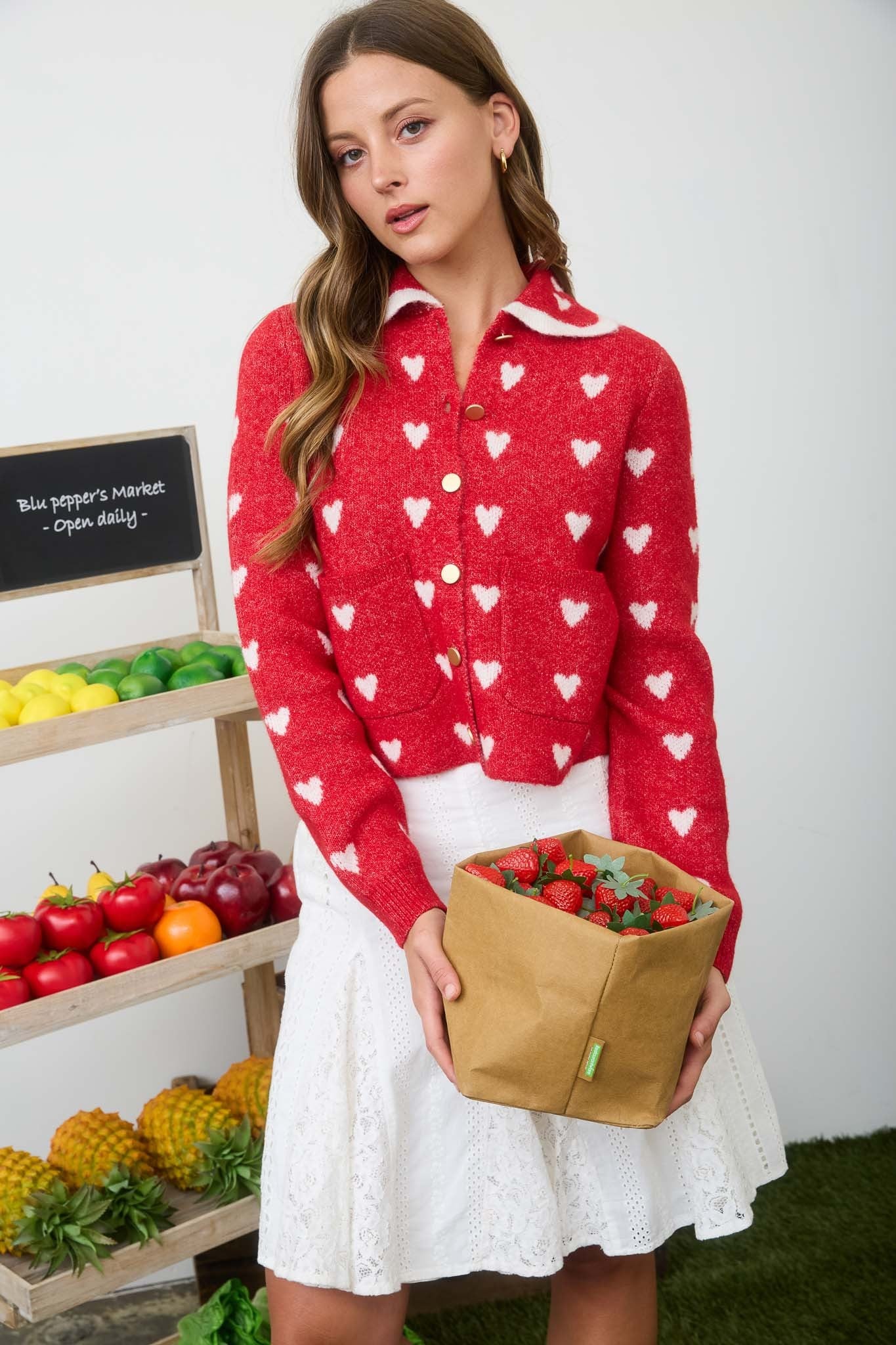 Collared Heart Print Sweater