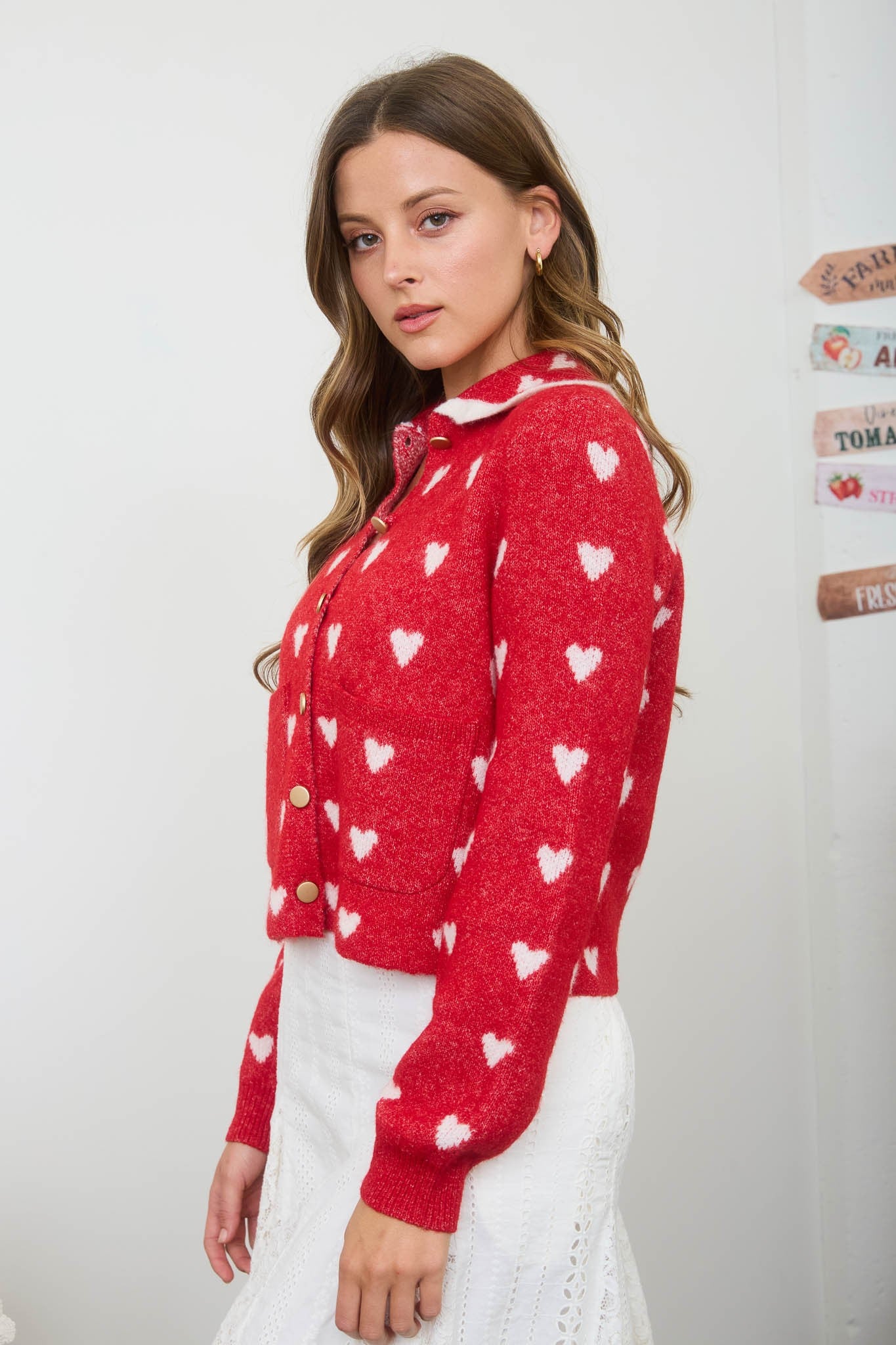 Collared Heart Print Sweater