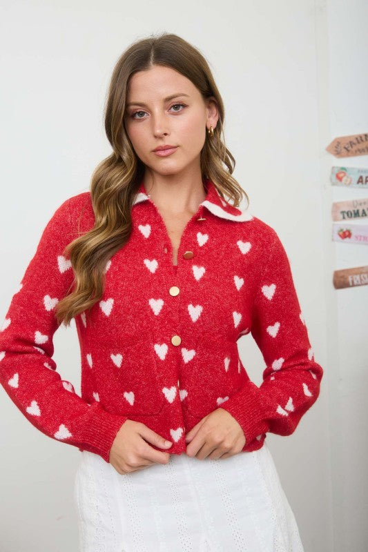 Collared Heart Print Sweater
