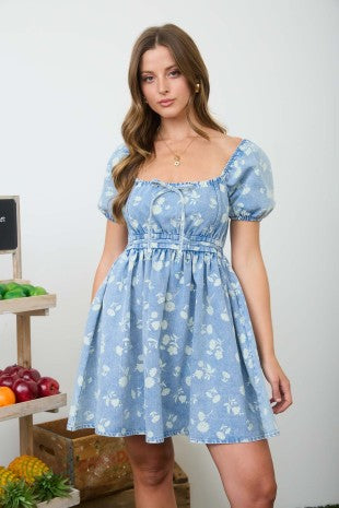 Floral Print Washed Denim Mini Dress