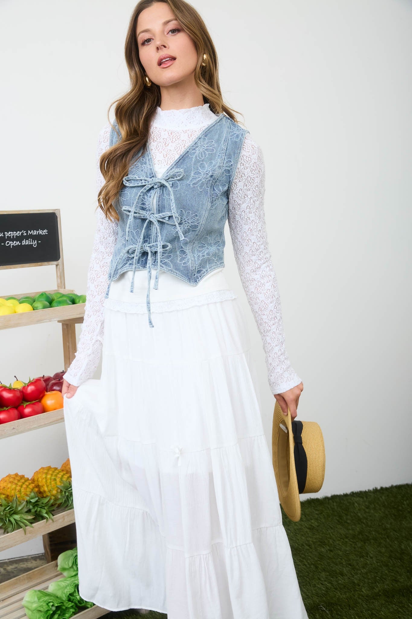 Floral Pattern Light Wash Denim Vest