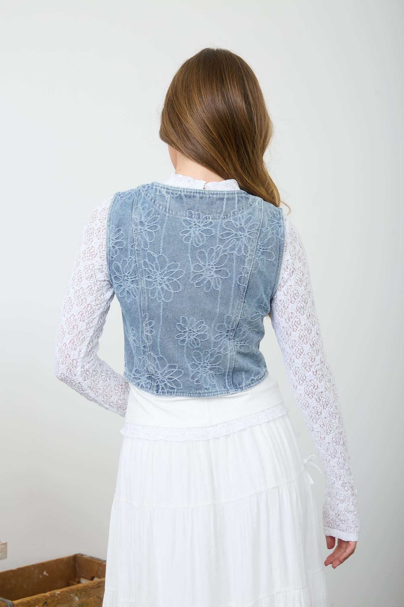 Floral Pattern Light Wash Denim Vest