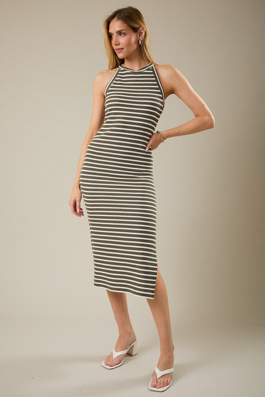 Halter Neck Striped Midi Dress