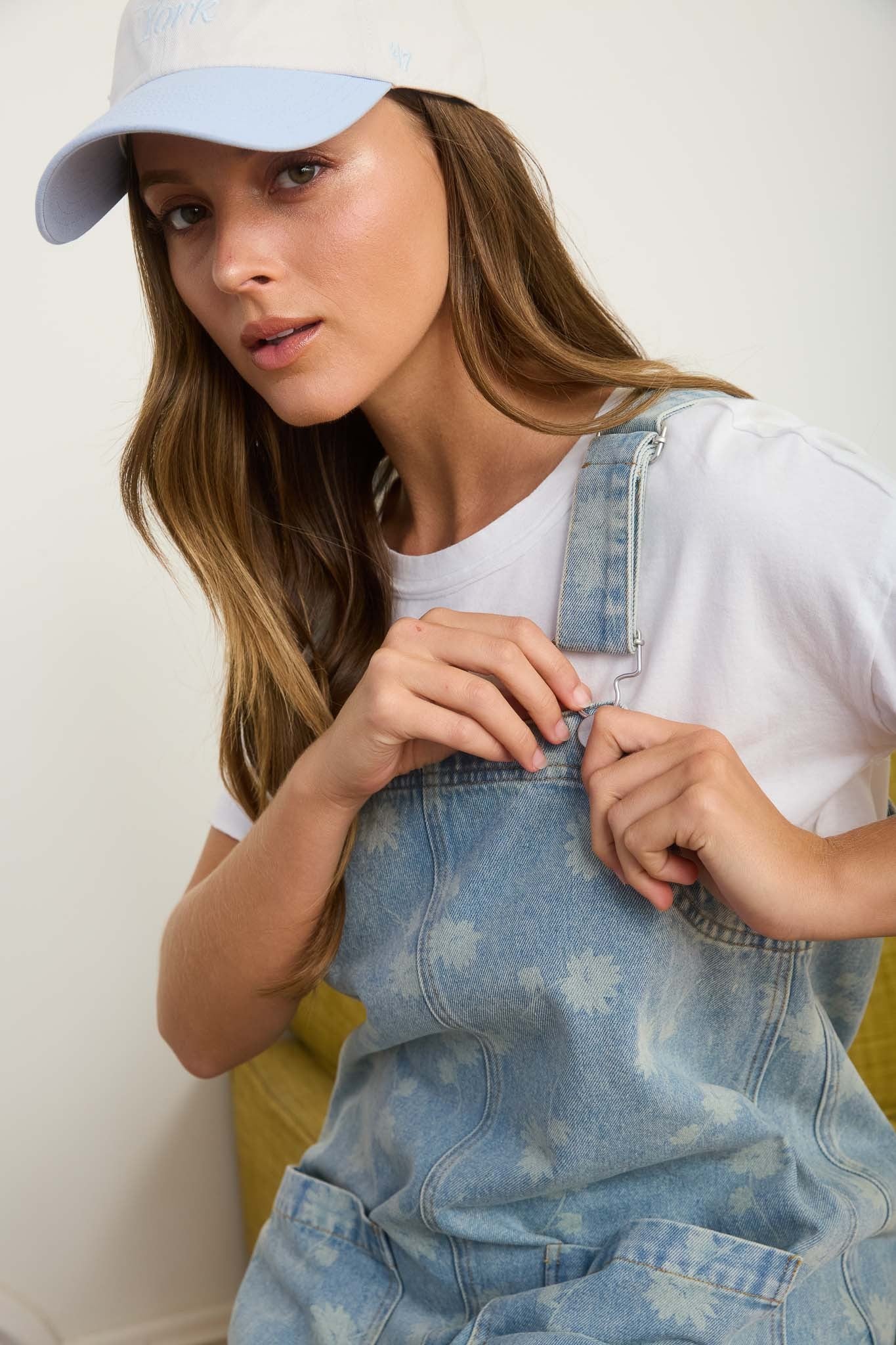Flower Print Washed Denim Overall Dress