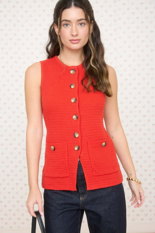 Sleeveless Button Front Split Hem Knit Vest