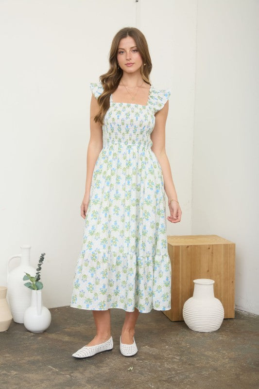 Floral Tile Print Smocked Midi Dress (Blue - S - 3XL)