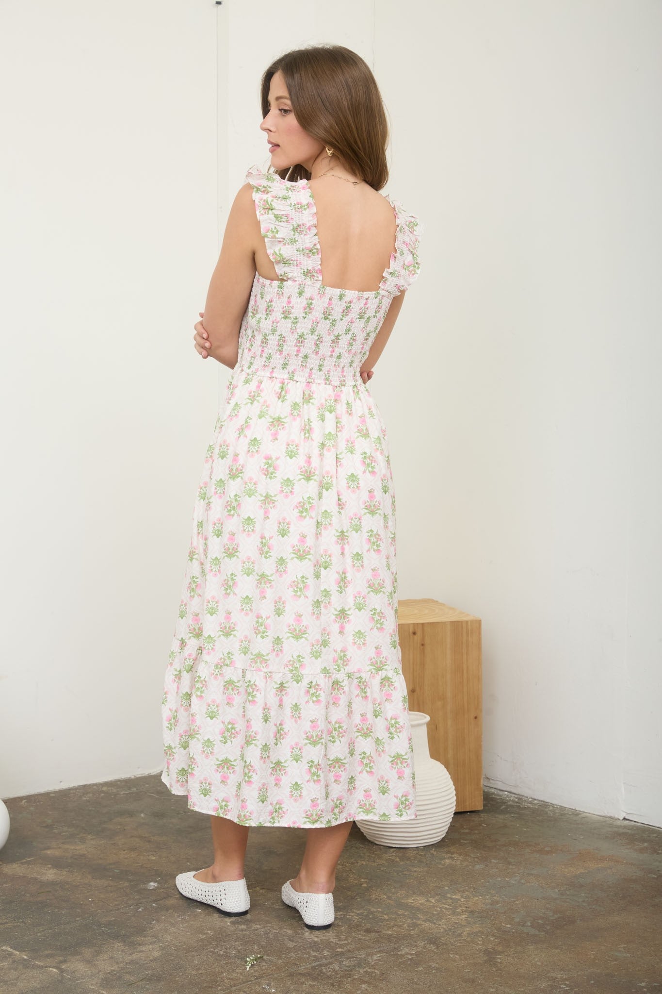 Floral Tile Print Smocked Midi Dress (Pink - Plus Size)