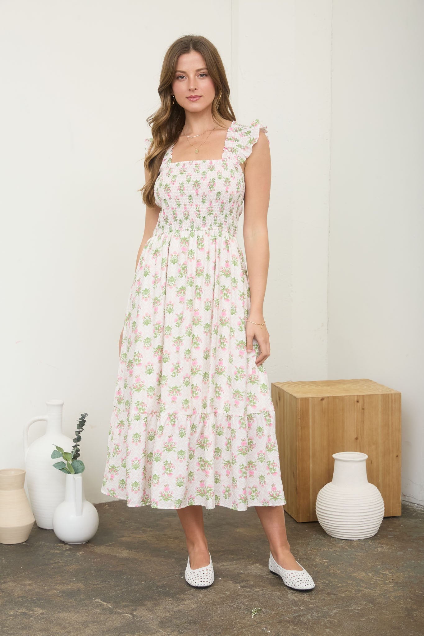 Floral Tile Print Smocked Midi Dress (Pink - Plus Size)