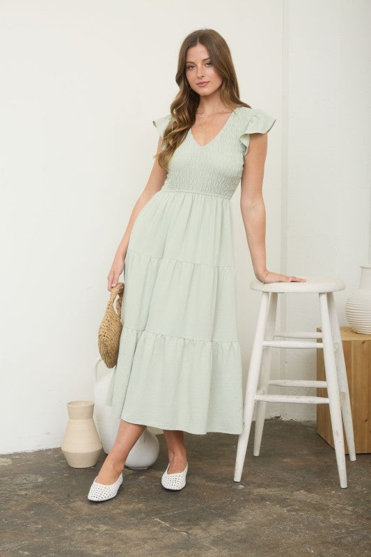 Flutter Sleeve V-Neck Smocked Maxi Dress (Light Olive)