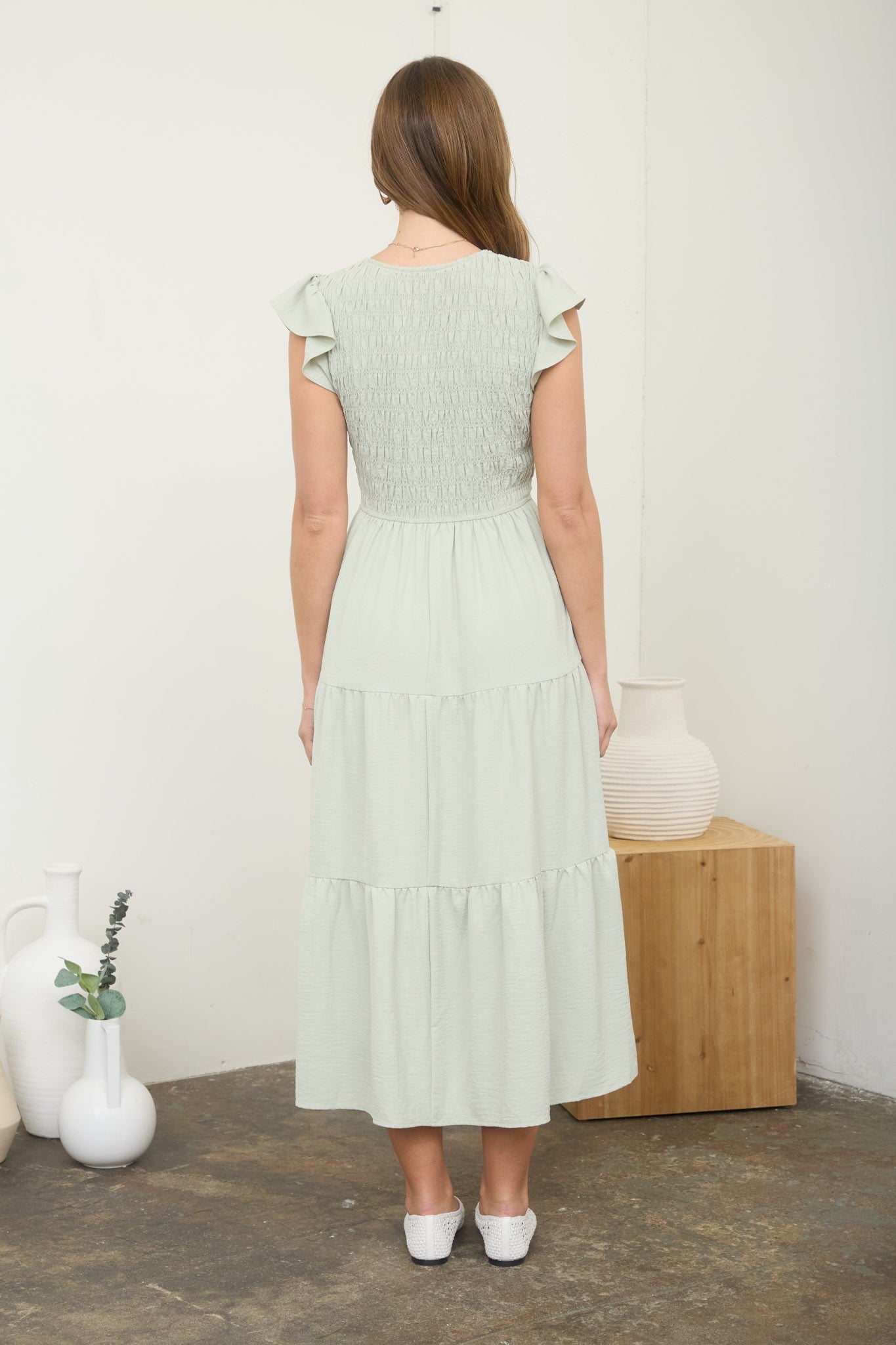 Flutter Sleeve V-Neck Smocked Maxi Dress (Light Olive)