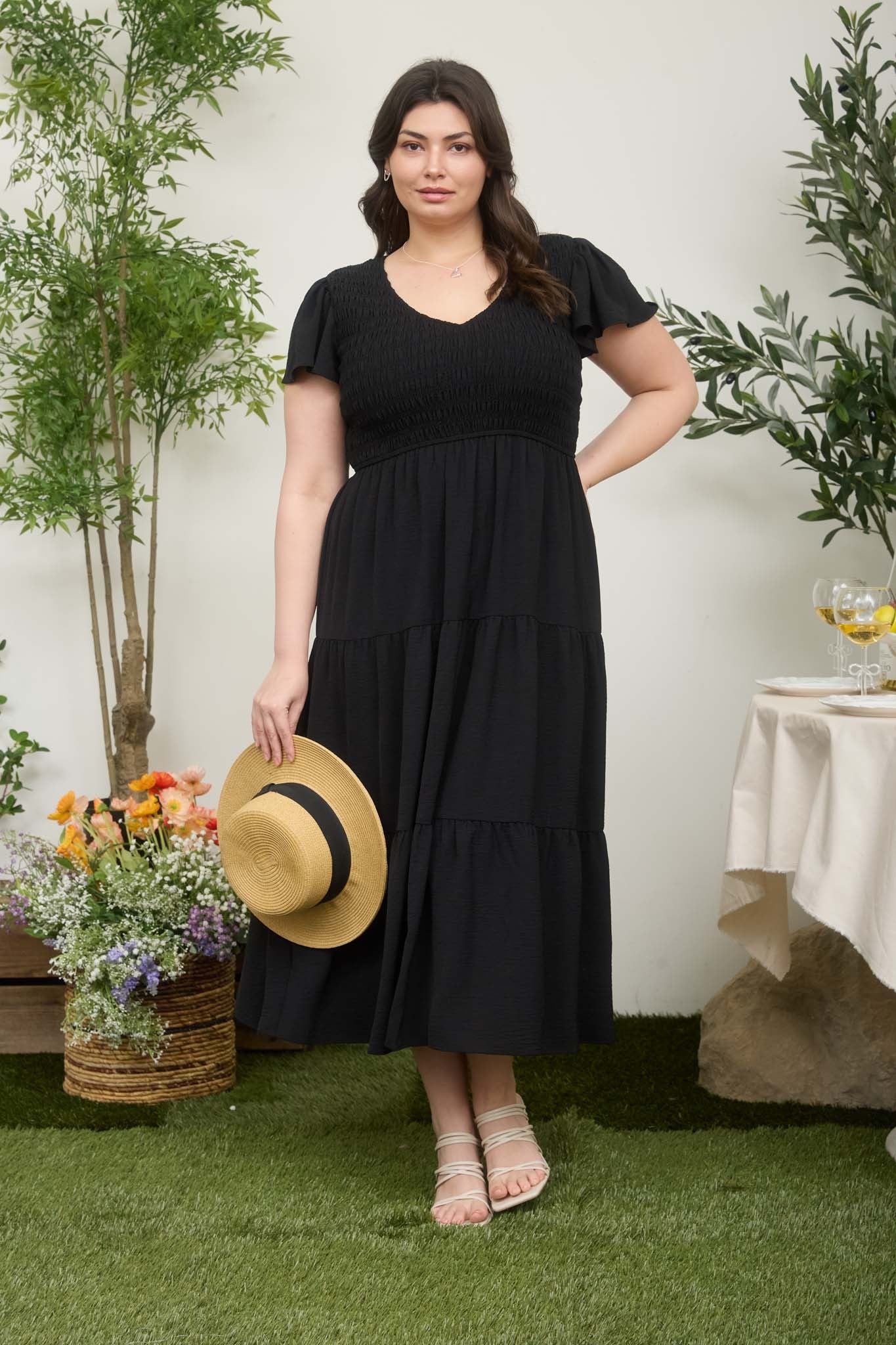 Flutter Sleeve V-Neck Smocked Maxi Dress (Plus Size - Black)