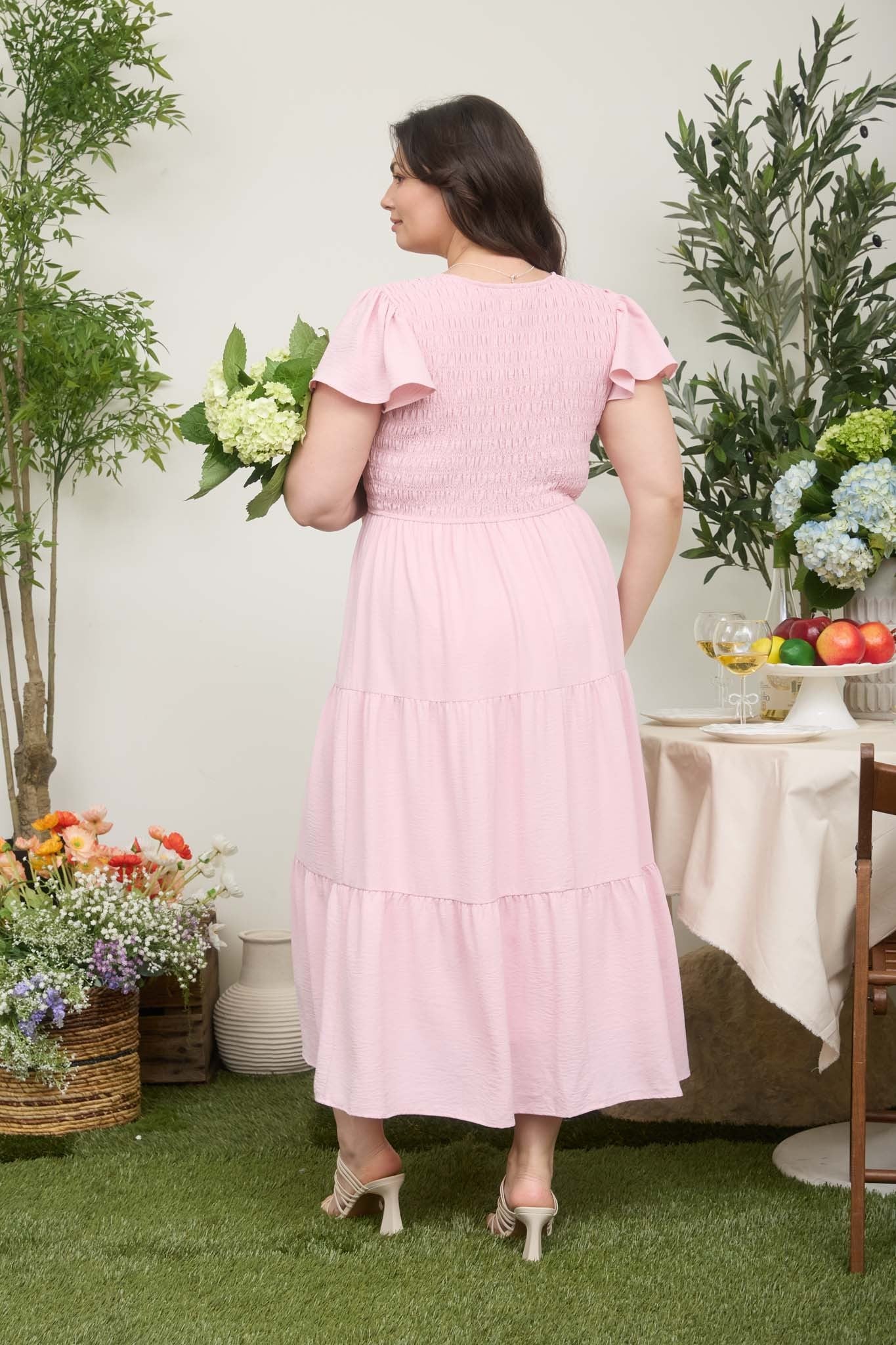 Flutter Sleeve V-Neck Smocked Maxi Dress (Plus Size - Light Pink)