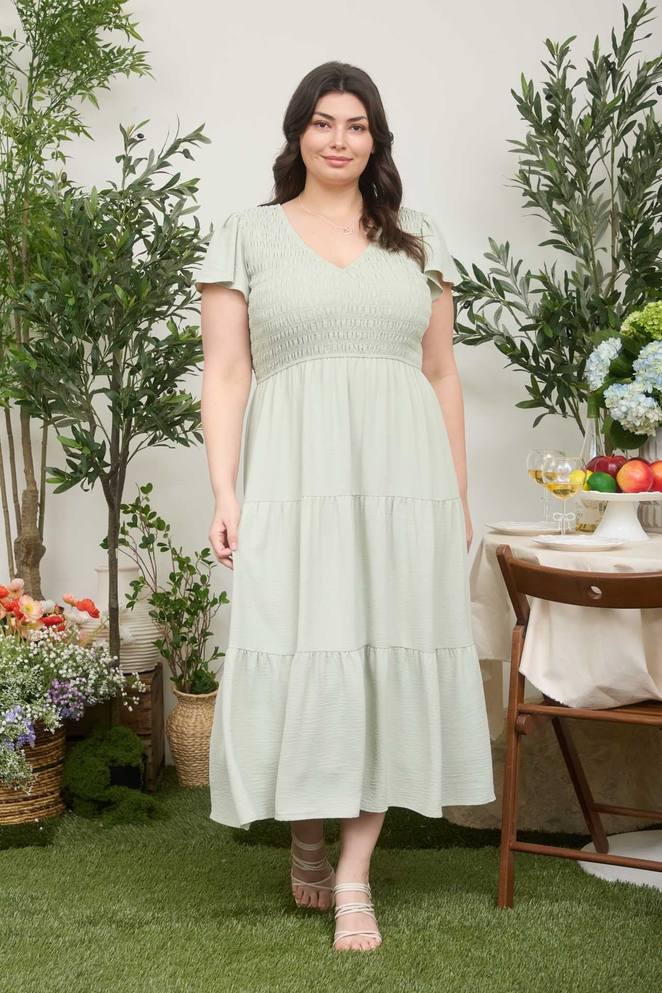 Flutter Sleeve V-Neck Smocked Maxi Dress (Plus Size - Light Olive)