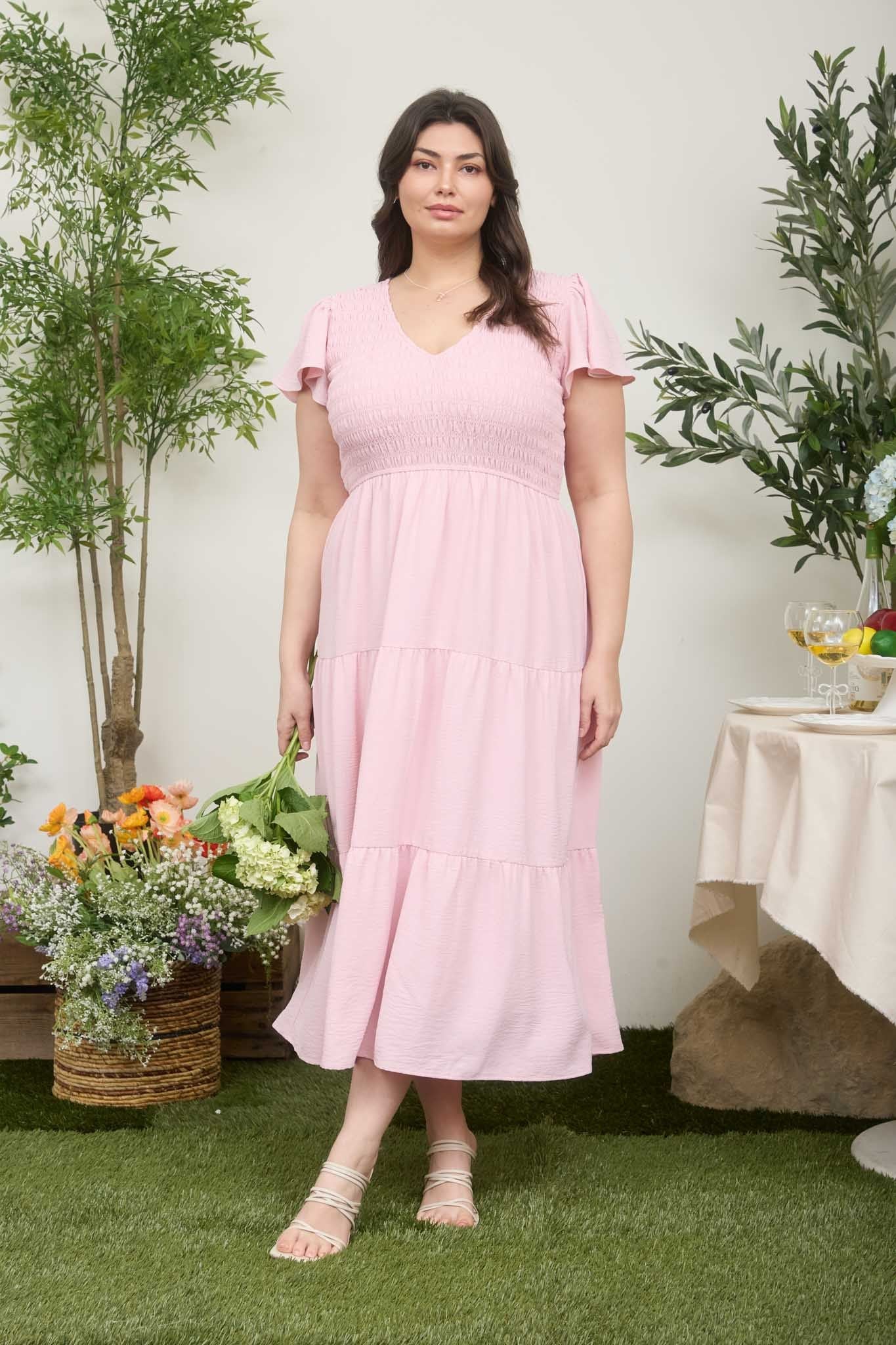 Flutter Sleeve V-Neck Smocked Maxi Dress (Plus Size - Light Pink)