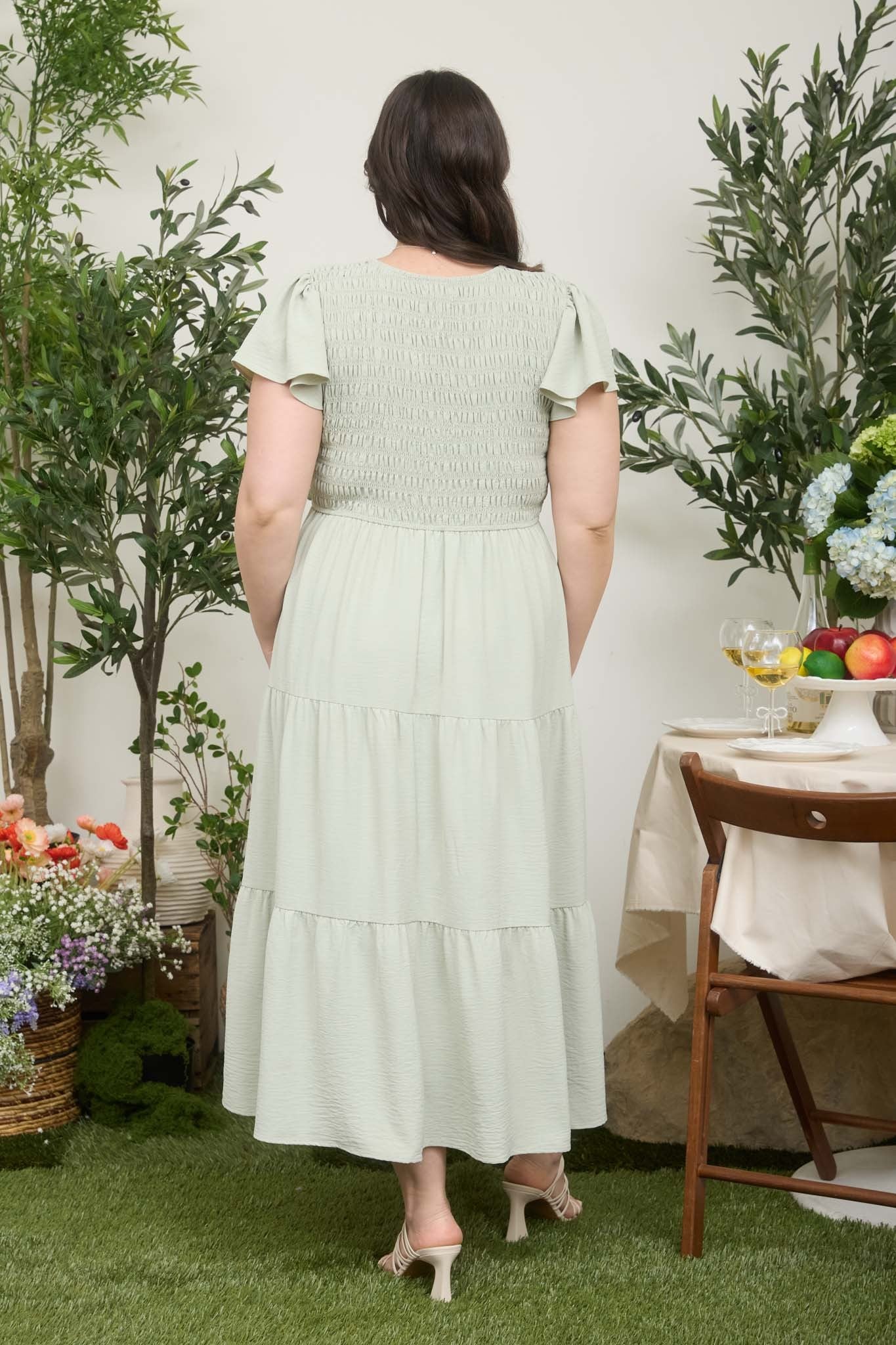 Flutter Sleeve V-Neck Smocked Maxi Dress (Plus Size - Light Olive)