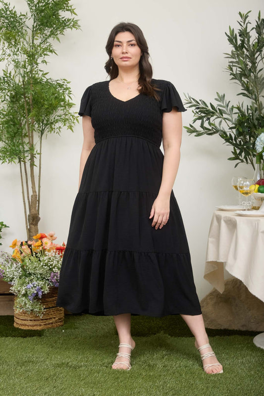 Flutter Sleeve V-Neck Smocked Maxi Dress (Plus Size - Black)