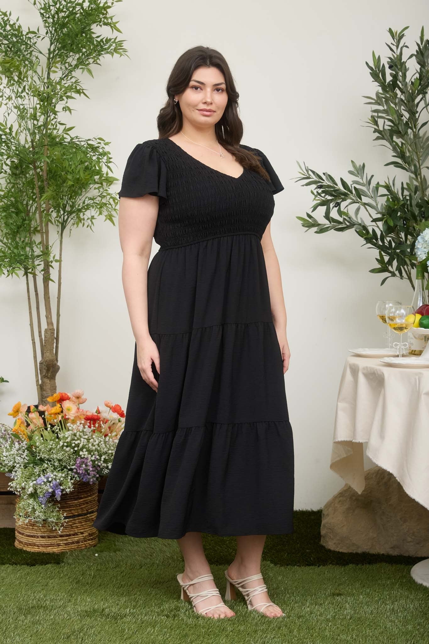 Flutter Sleeve V-Neck Smocked Maxi Dress (Plus Size - Black)