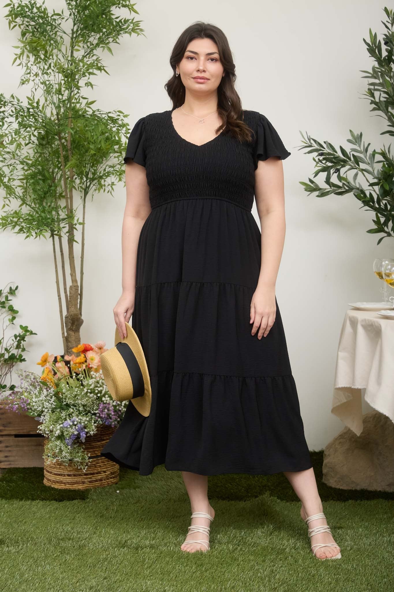 Flutter Sleeve V-Neck Smocked Maxi Dress (Plus Size - Black)