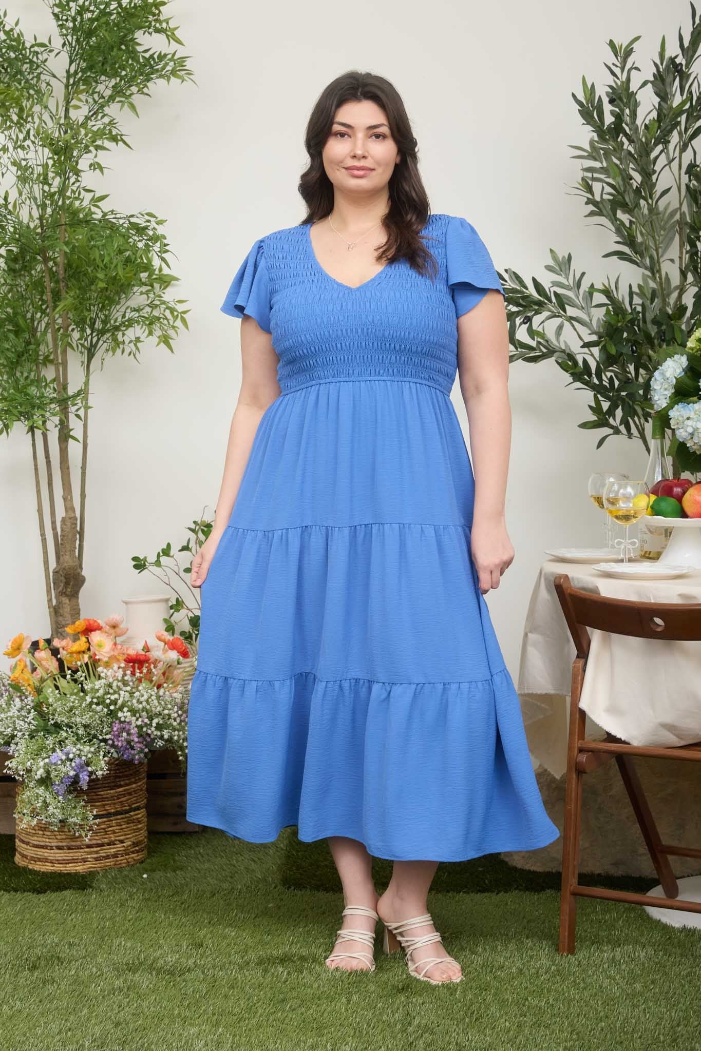 Flutter Sleeve V-Neck Smocked Maxi Dress (Plus Size - Blue)