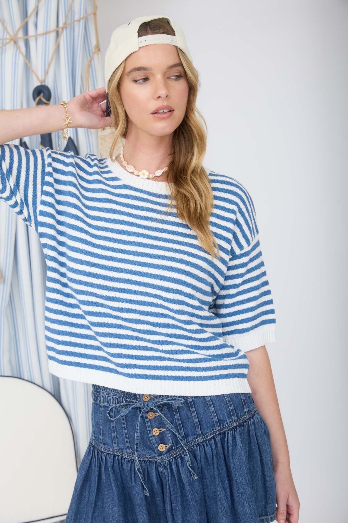 Button Back Blue Stripe Sweater