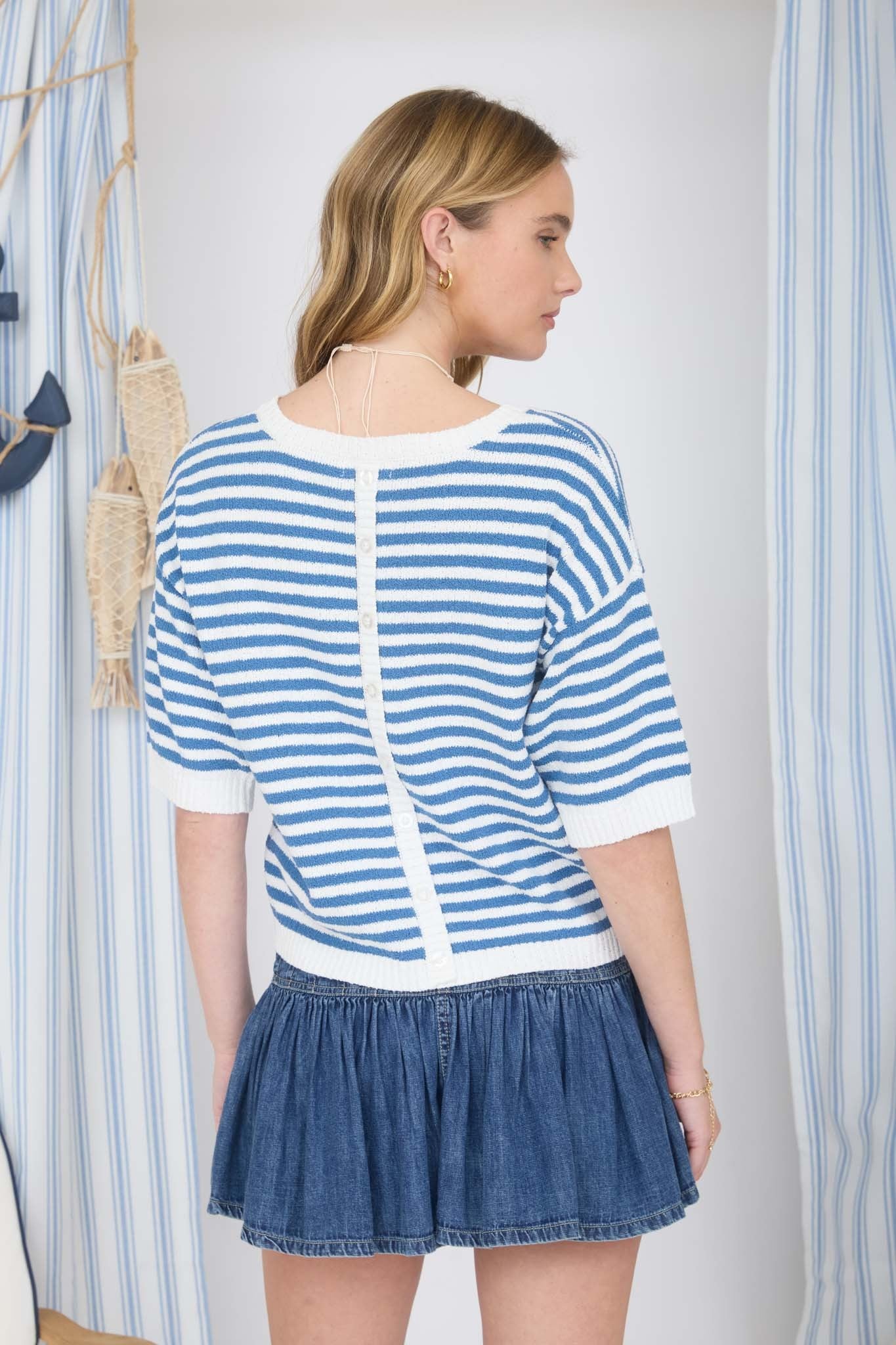 Button Back Blue Stripe Sweater