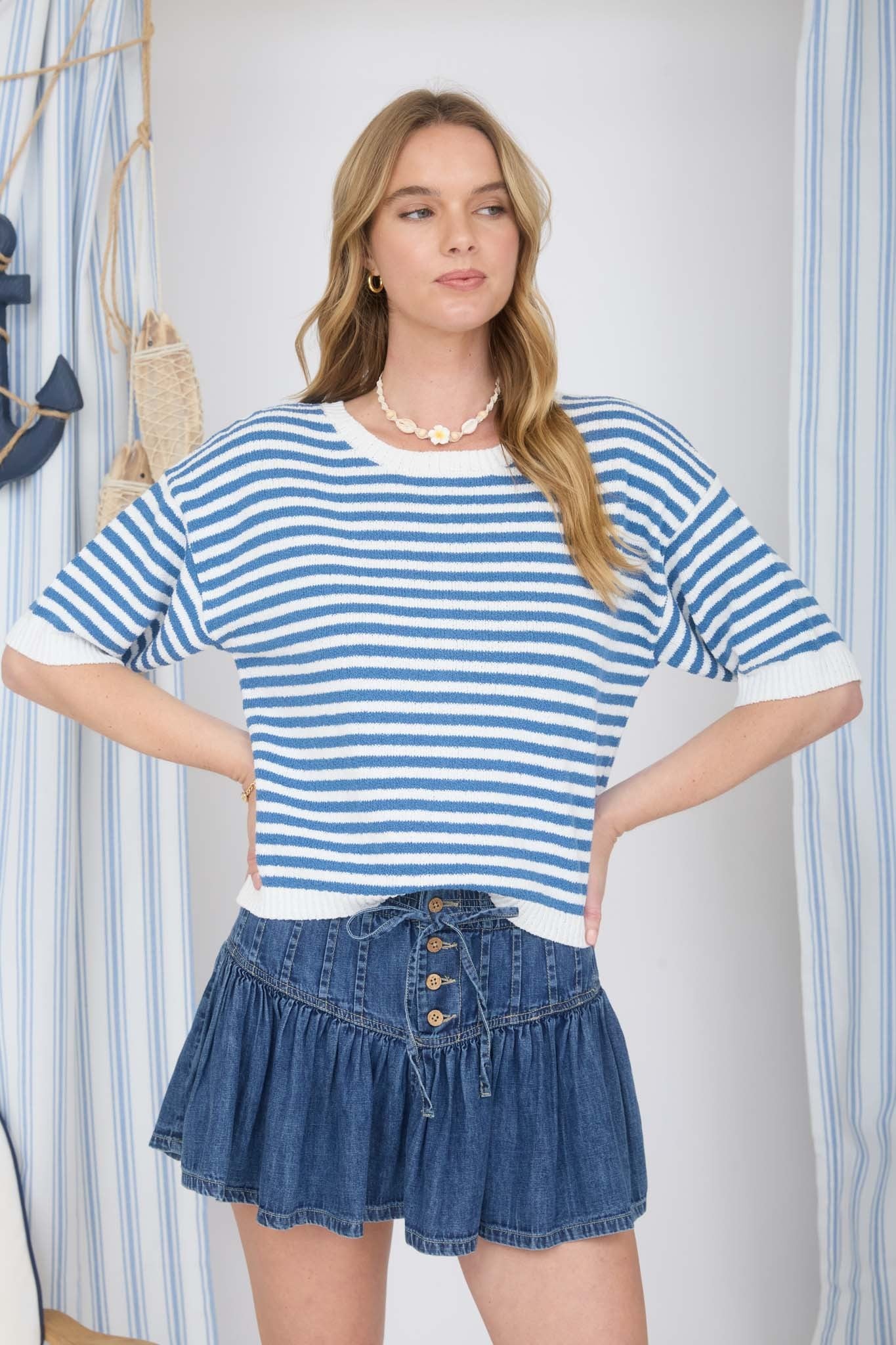 Button Back Blue Stripe Sweater