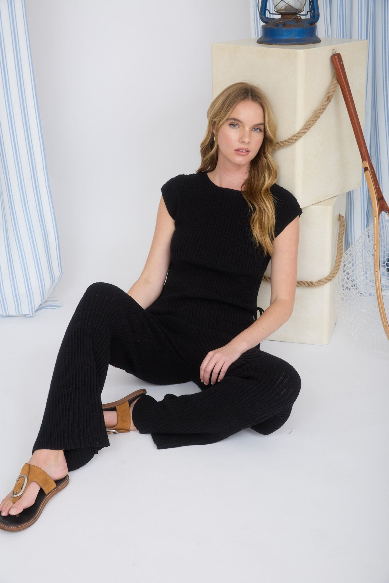 Round Neck Side Tie Ribbed Sleeveless Top