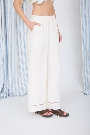 Ladder Lace Trim Wide Leg Linen Blend Pants