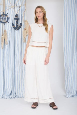 Ladder Lace Trim Wide Leg Linen Blend Pants
