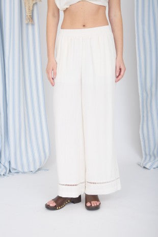 Ladder Lace Trim Wide Leg Linen Blend Pants