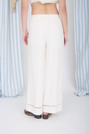 Ladder Lace Trim Wide Leg Linen Blend Pants