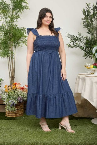 Dark Denim Ruffle Strap Midi Dress (1X - 3X)