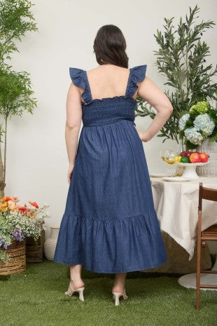 Dark Denim Ruffle Strap Midi Dress (1X - 3X)