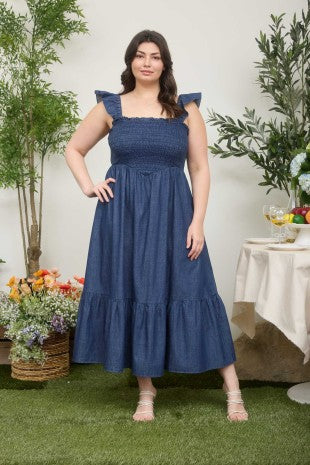 Dark Denim Ruffle Strap Midi Dress (1X - 3X)