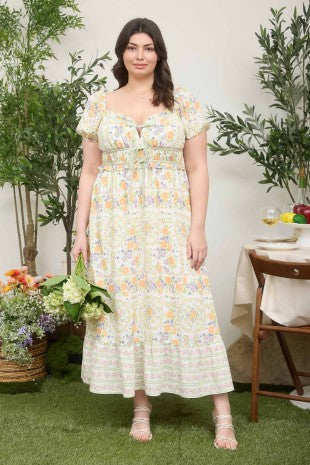 Puff Sleeve Sweetheart Neckline Floral Print Midi Dress (1X - 3X)