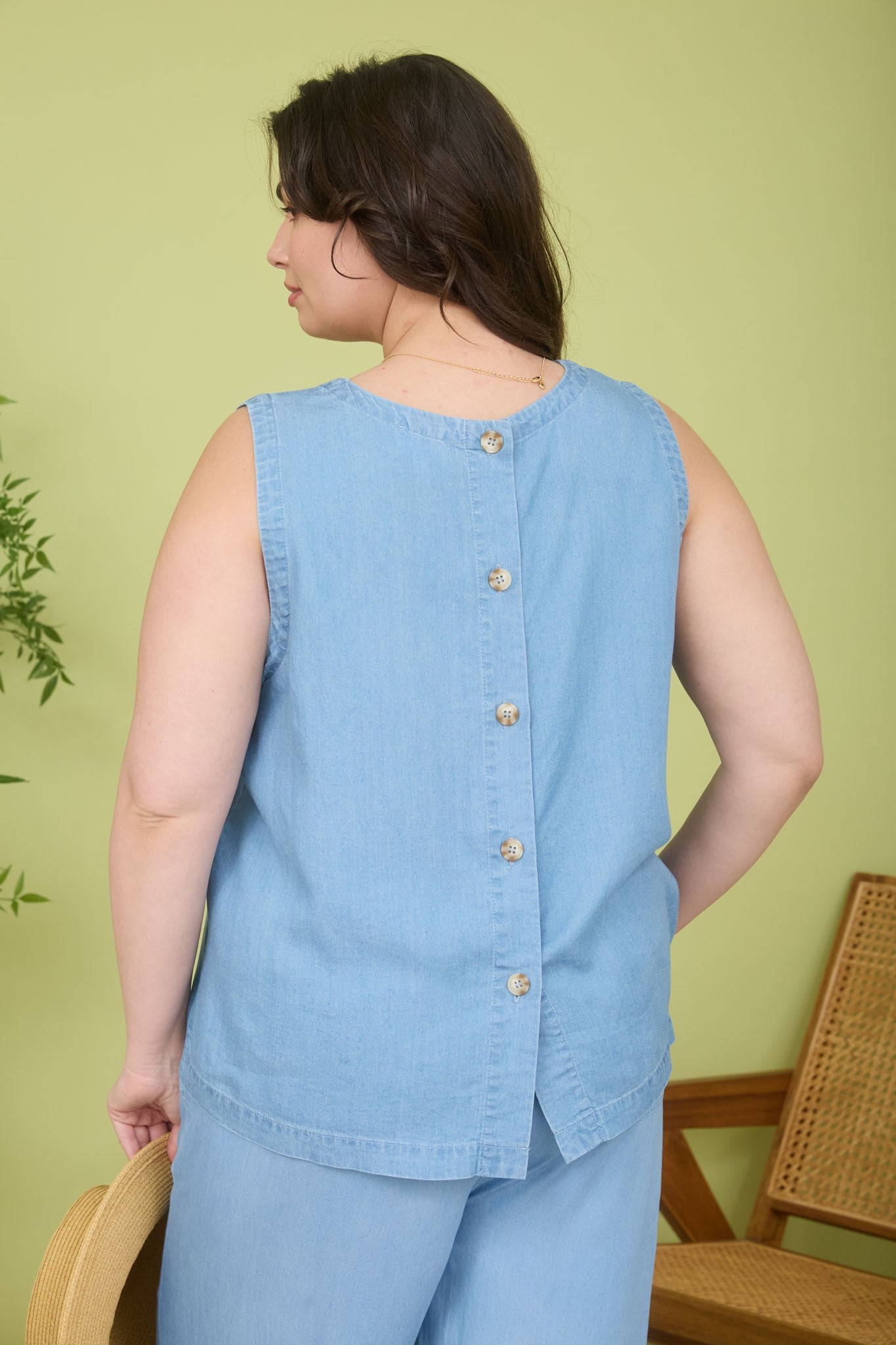 Sleeveless Back Button Chambray Top (1X - 3X)