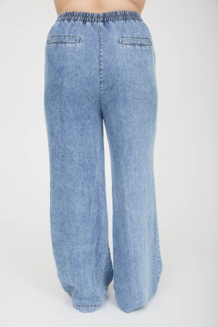 Elastic Waist Wide Leg Chambray Pants (XL - XXXL)