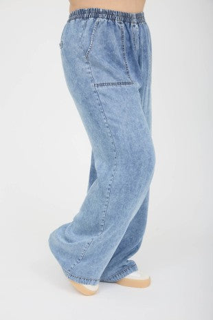 Elastic Waist Wide Leg Chambray Pants (XL - XXXL)