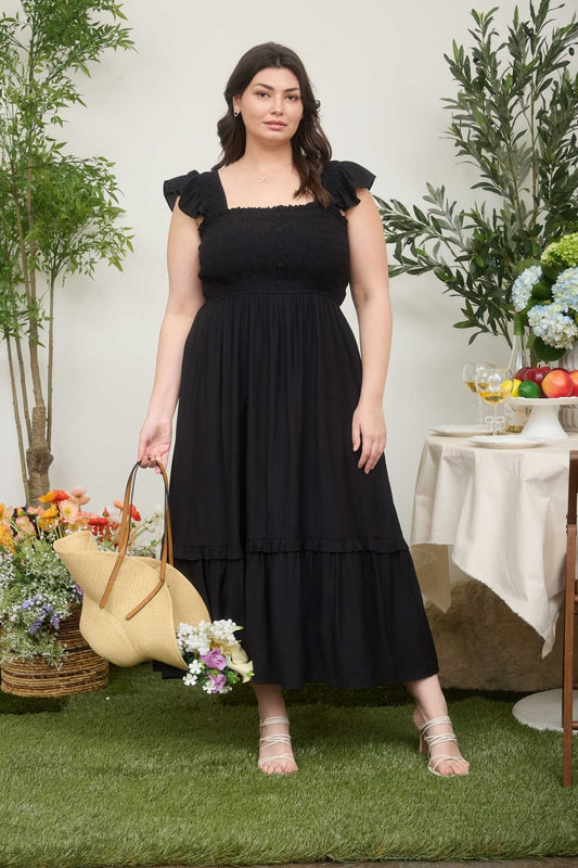 Ruffle Strap Smocked Top Midi Dress (1X - 3X)