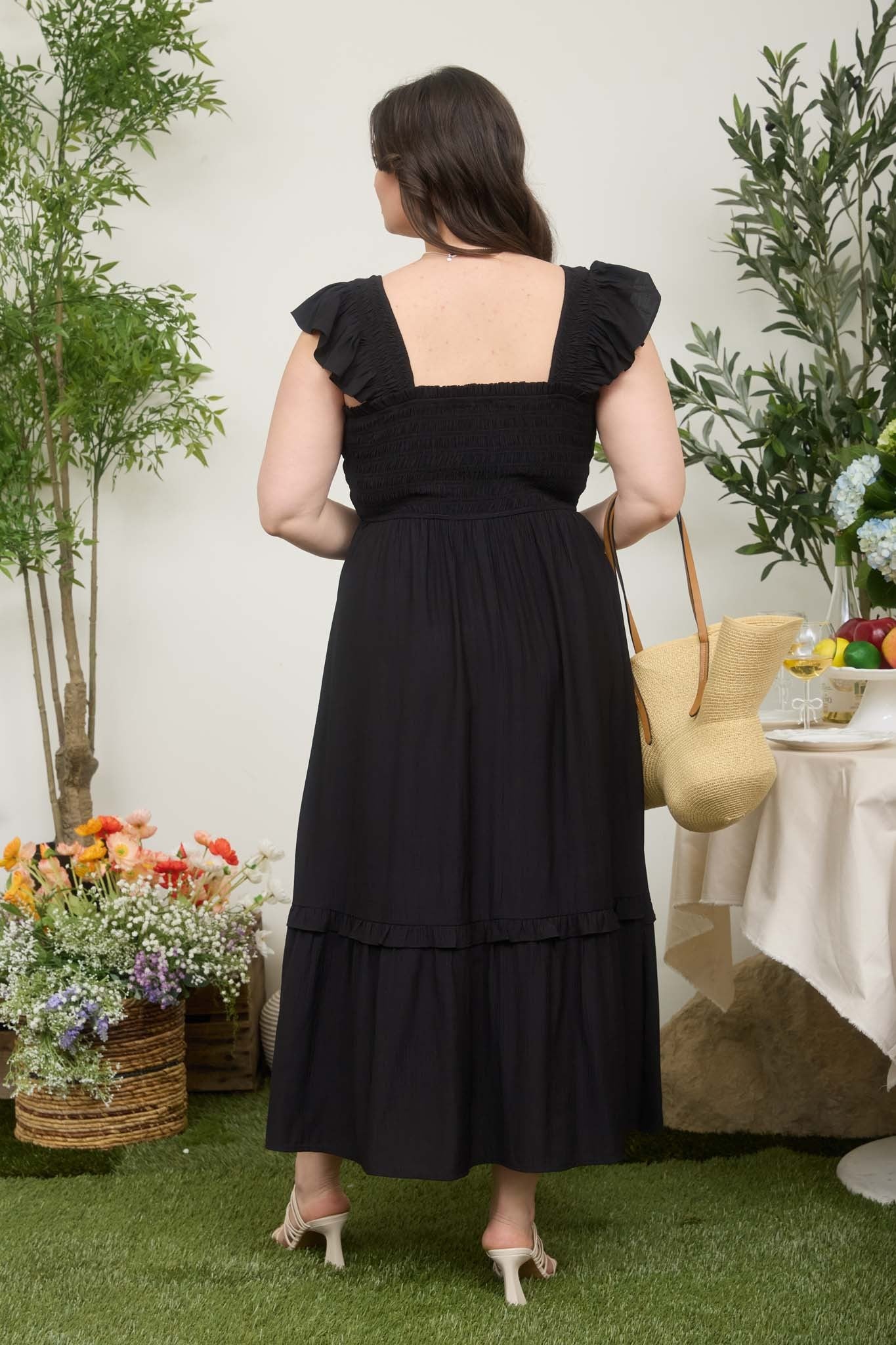 Ruffle Strap Smocked Top Midi Dress (1X - 3X)