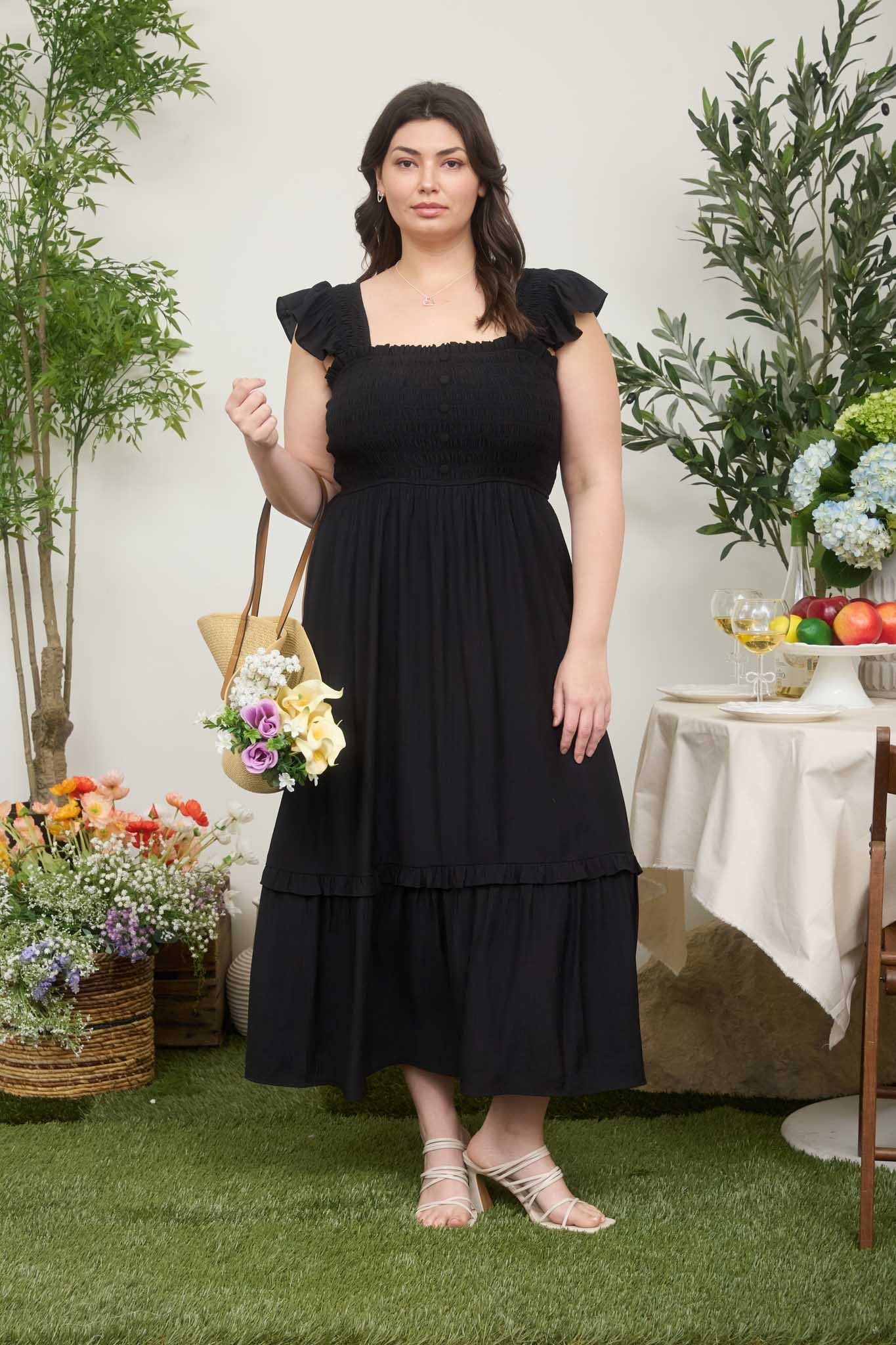 Ruffle Strap Smocked Top Midi Dress (1X - 3X)