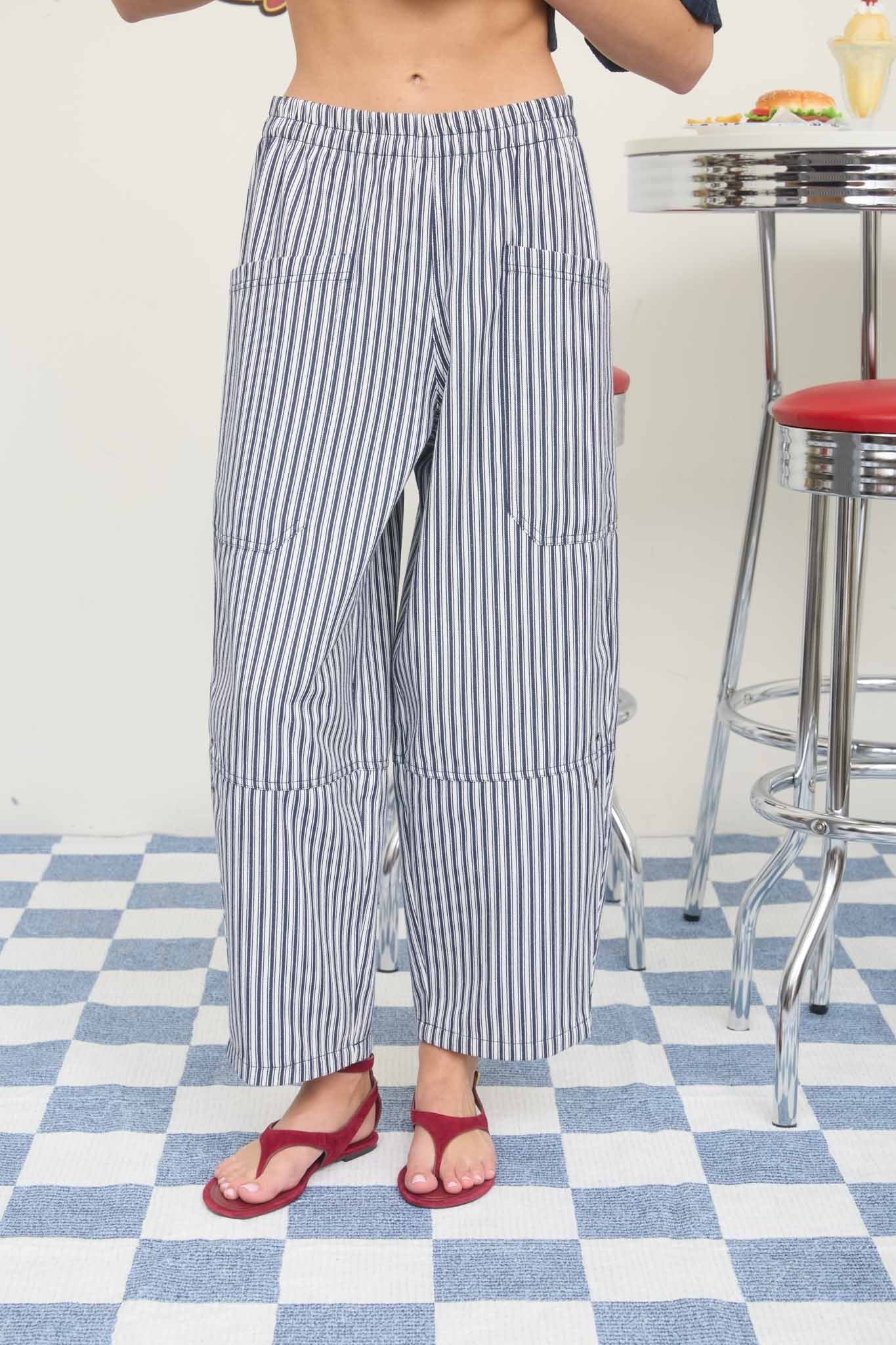 Elastic Waist Oversized Pocket Pants (Navy Pinstripe)